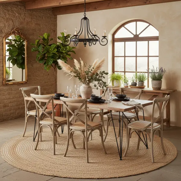 Conjunto de Comedor Teca/Hierro con sillas Olmo/Rattan