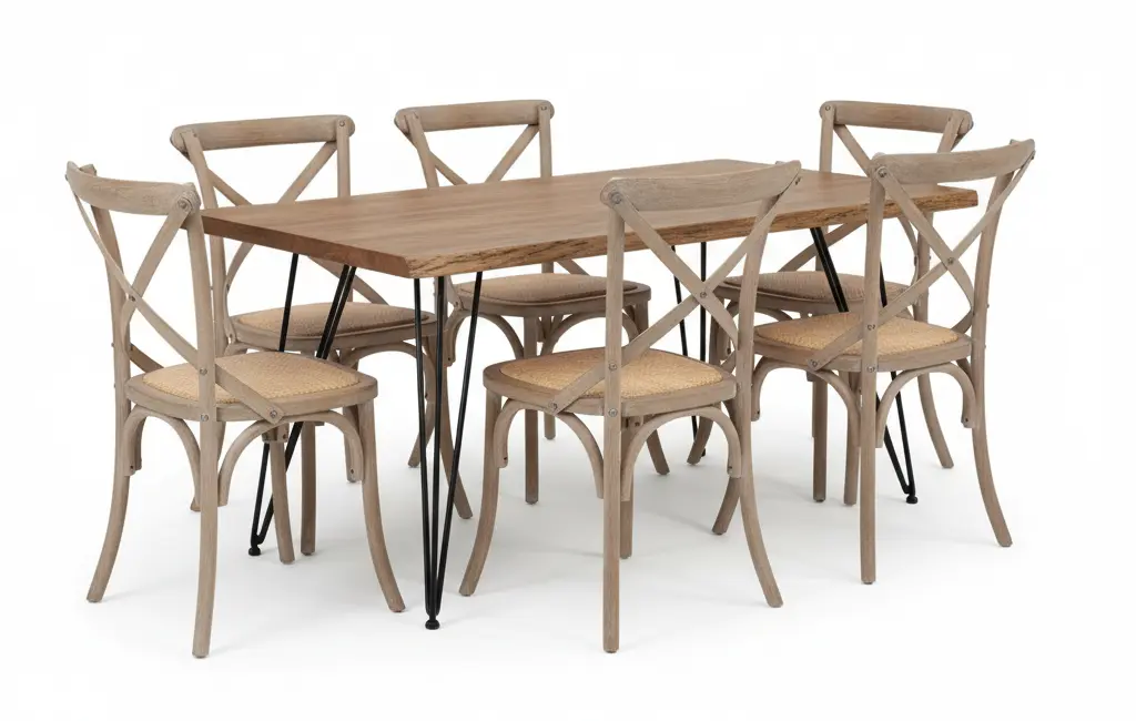 Conjunto de Comedor Teca/Hierro con sillas Olmo/Rattan